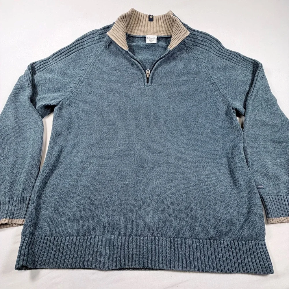 Columbia Sweater Mens XL Blue Quarter Zip Heavy Knit Cotton Pullover Outdoor